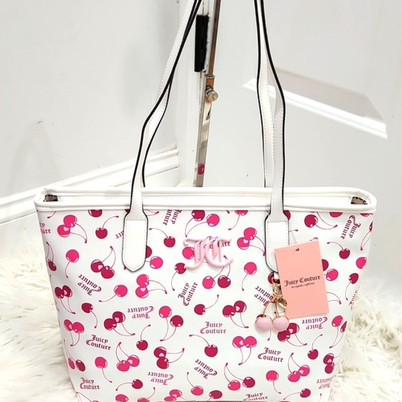 🔹️Juicy Couture🔹 Cherry On top Print Whire and Pink Cherry Tote Bag And Wallet - Picture 2 of 12